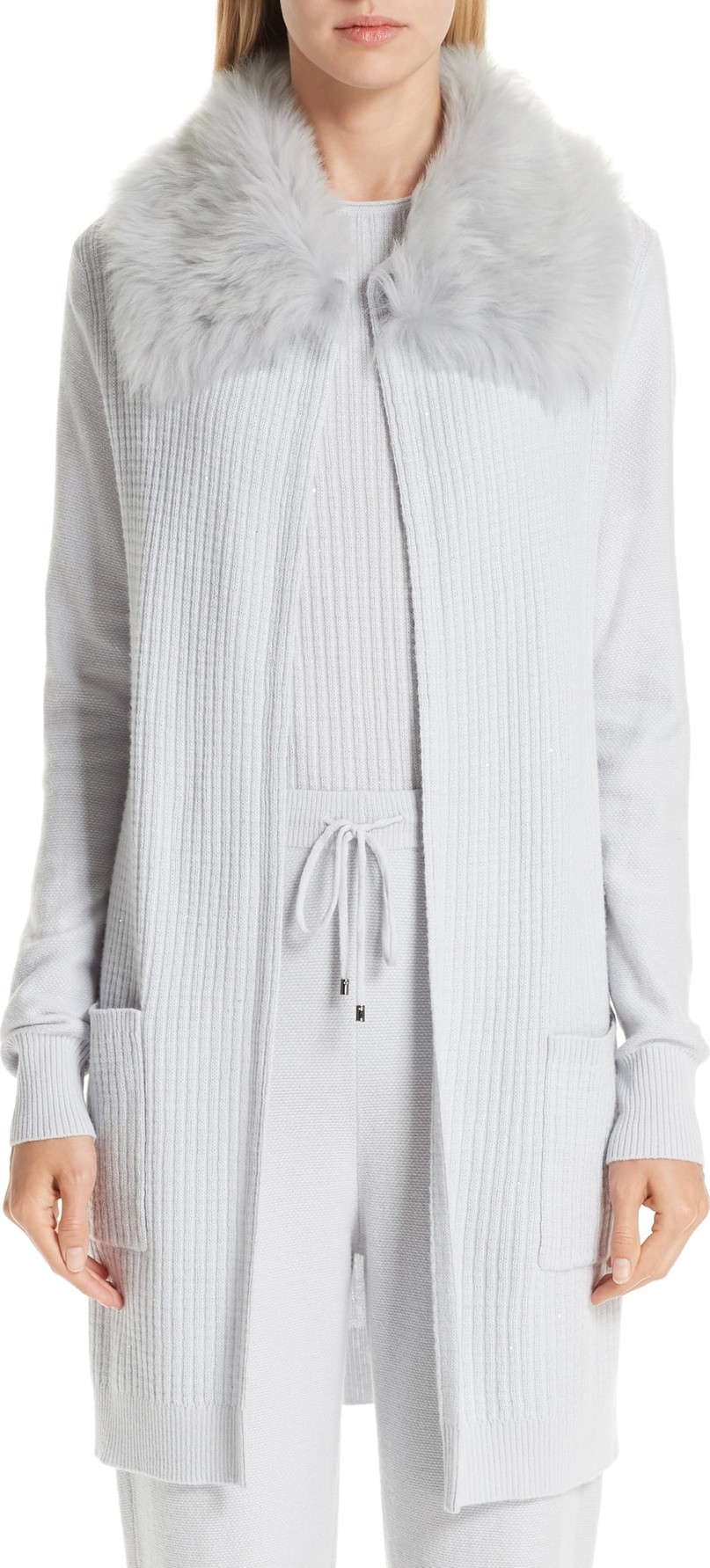 St. John Rib Sequin Knit Cashmere Blend Jacket with Removable Genuine Shearling Collar