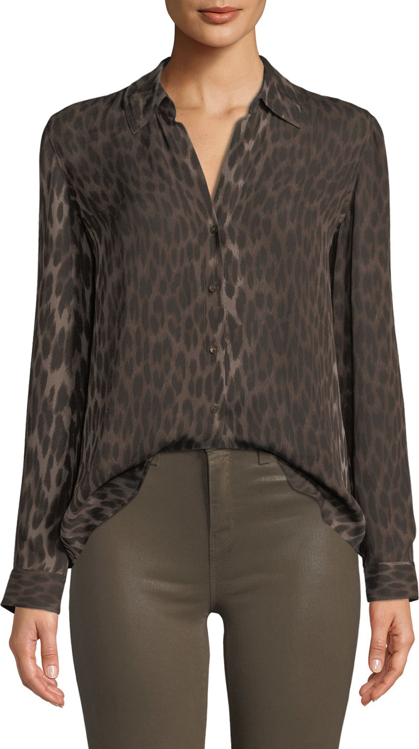 L'AGENCE Nina Long-Sleeve Animal-Print Blouse