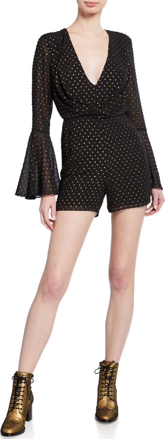 Jay Godfrey Colette Metallic Dot V-Neck Bell-Sleeve Romper
