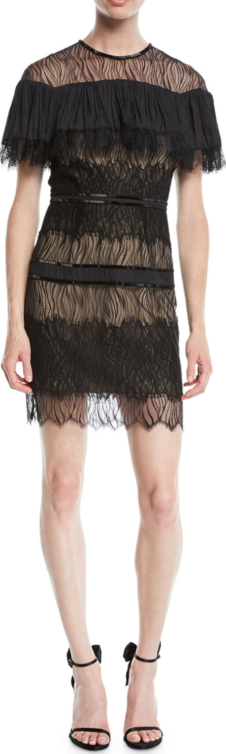 HALSTON HERITAGE Pleated Lace Mini Dress w/ Beading