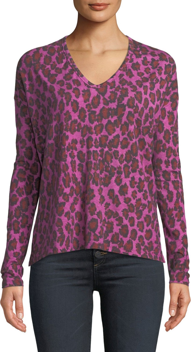 Majestic Leopard-Print Long-Sleeve V-Neck Top