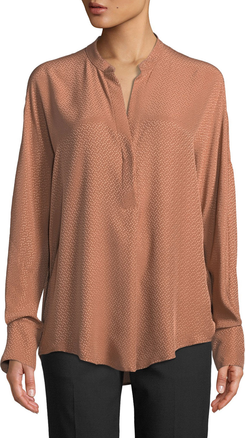 Vince Dot Jacquard Band-Collar Popover Blouse