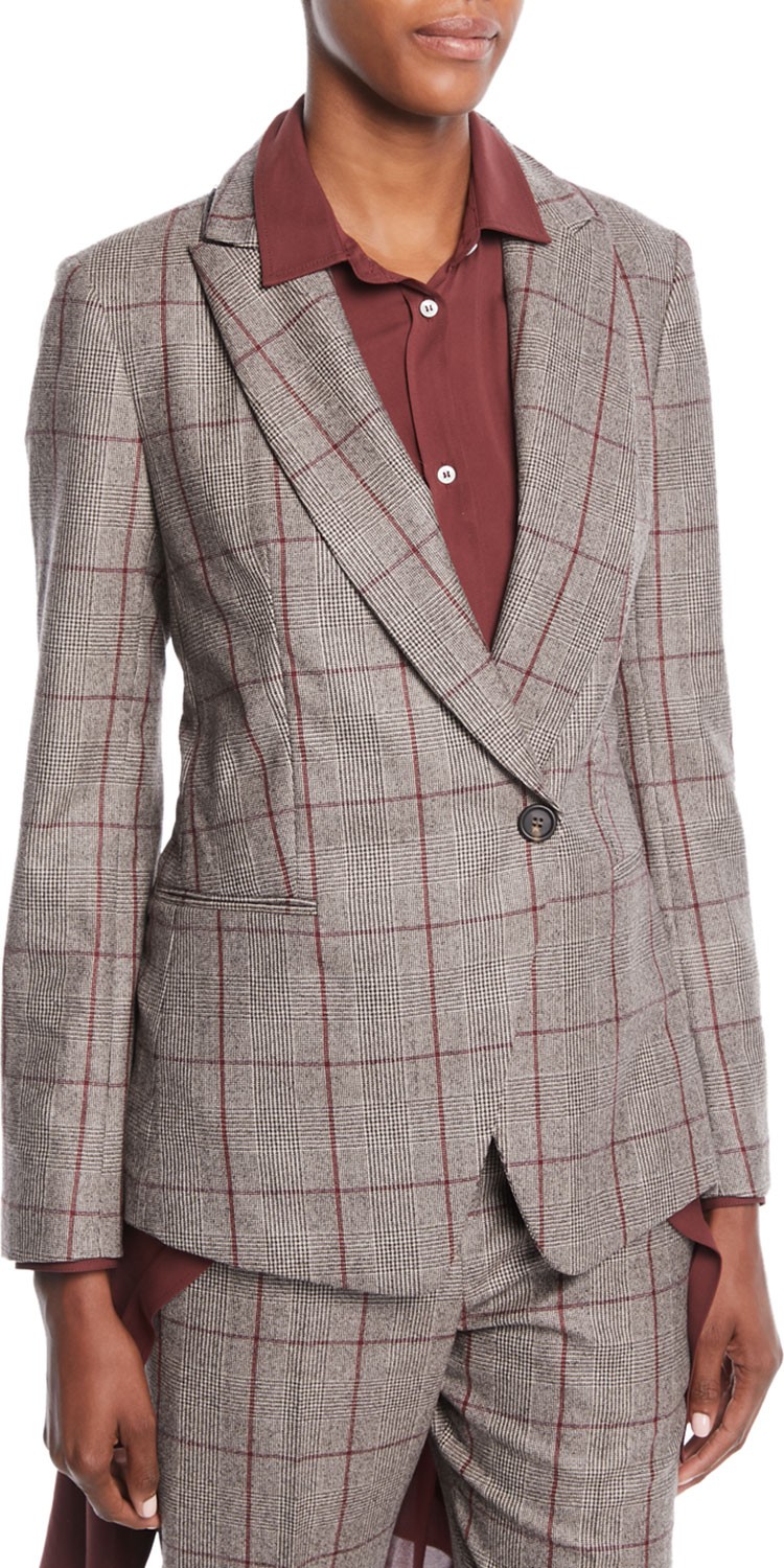 Brunello Cucinelli One-Button Plaid Blazer w/ Paillette Under-Collar