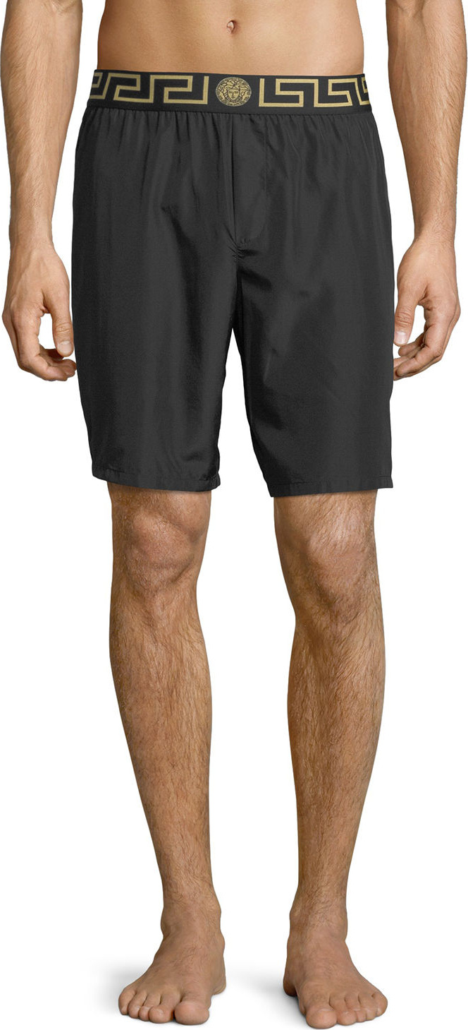 Versace Long Swim Trunks w/ Greek Key Waistband