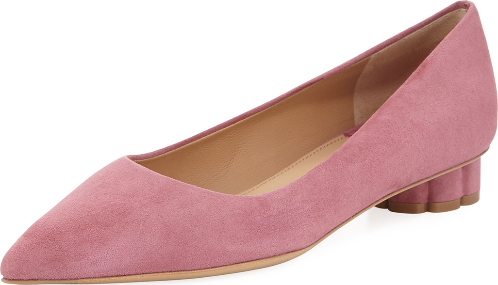 Salvatore Ferragamo Suede Pointed-Toe Skimmer Flat with Flower Heel