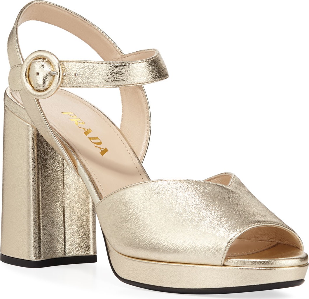 Prada 95mm Metallic Leather Platform Sandals
