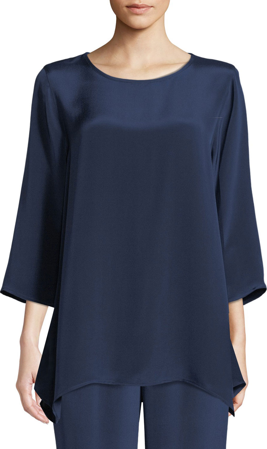 Caroline Rose Round-Neck 3/4-Sleeve Silk Crepe Swing Tunic Top