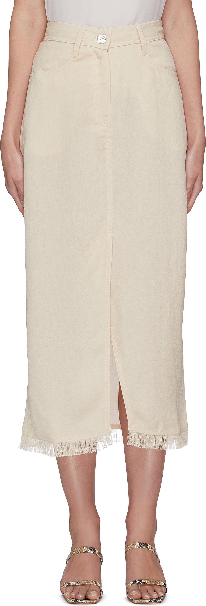 Nanushka 'Zefir' macramé pocket frayed edges denim maxi skirt