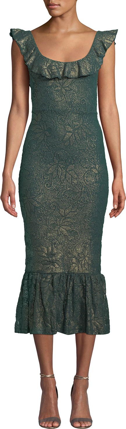 Nightcap Clothing Metallic Scoop-Neck Flounce-Hem Dress