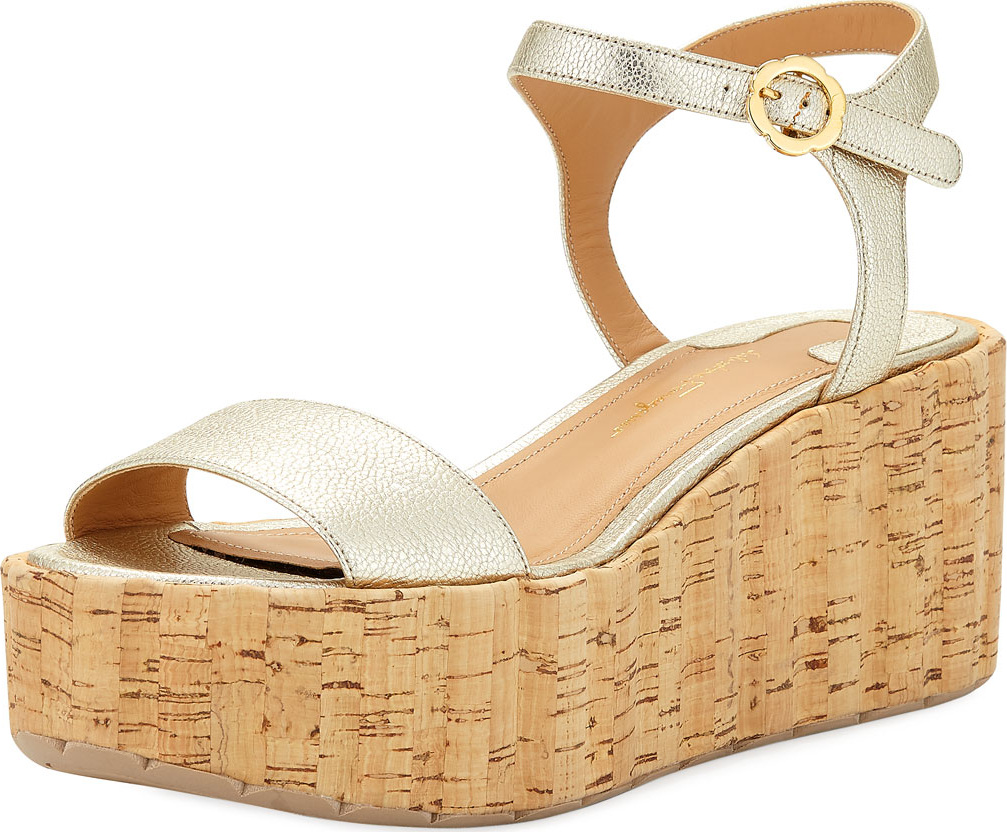 Salvatore Ferragamo Tropea Metallic Platform Cork Wedge Sandal, Sahara