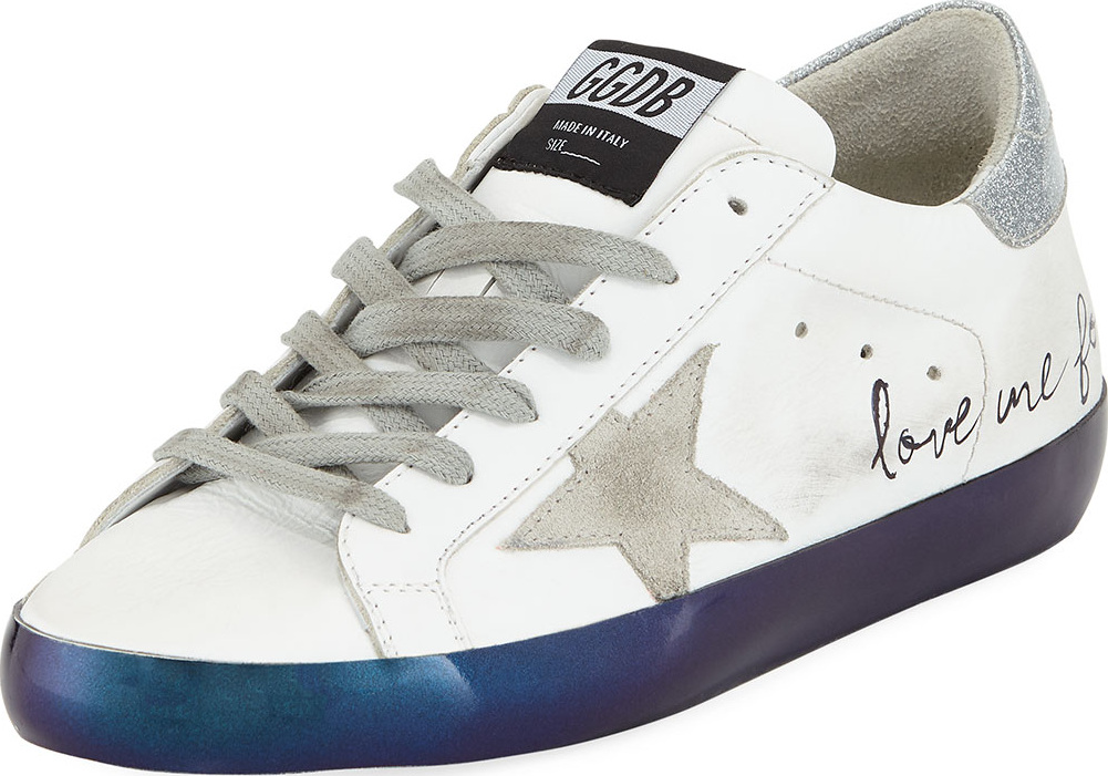 Golden Goose Deluxe Brand Superstar "Love Me For" Leather Low-Top Platform Sneaker with Suede Star Golden Goose Deluxe Brand Superstar "Love Me For" Leather Low-Top Platform Sneaker with Suede Star