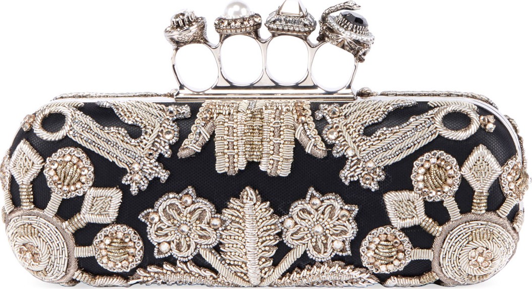 Alexander McQueen Jeweled Four Ring Clutch w/ Crystal Embroidered Swans