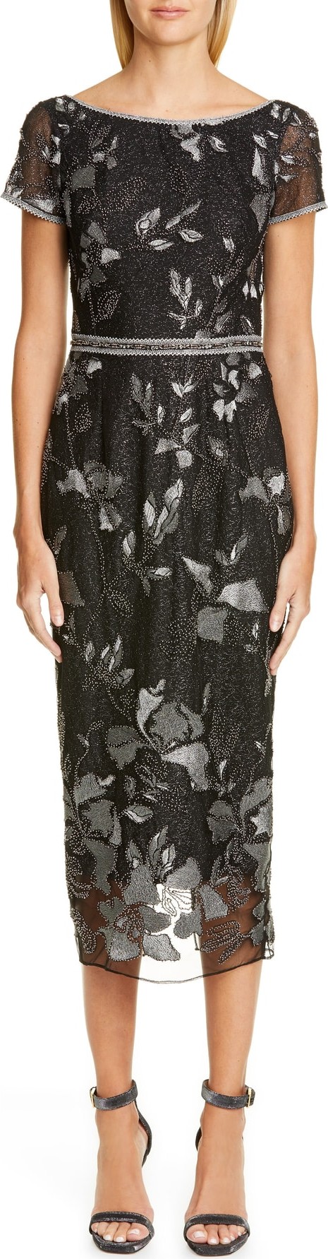 Marchesa Notte Embroidered Pencil Midi Dress