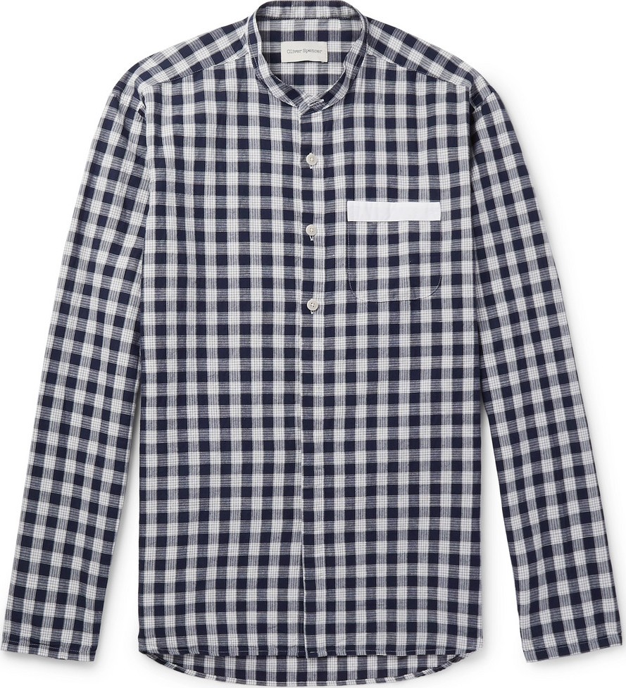 Oliver Spencer Hatch Grandad-Collar Checked Cotton and Linen-Blend Shirt