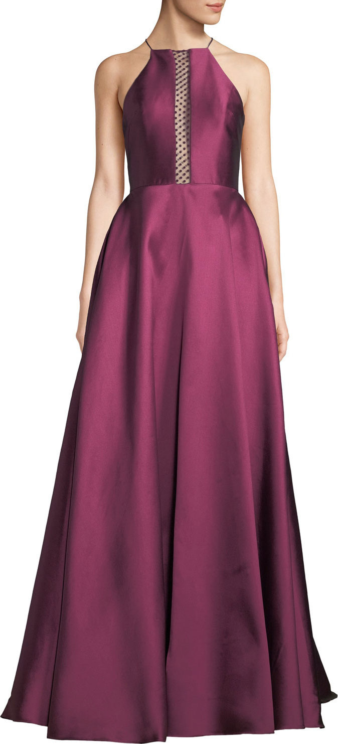 ML Monique Lhuillier Halter Ball Gown w/ Spotted Mesh