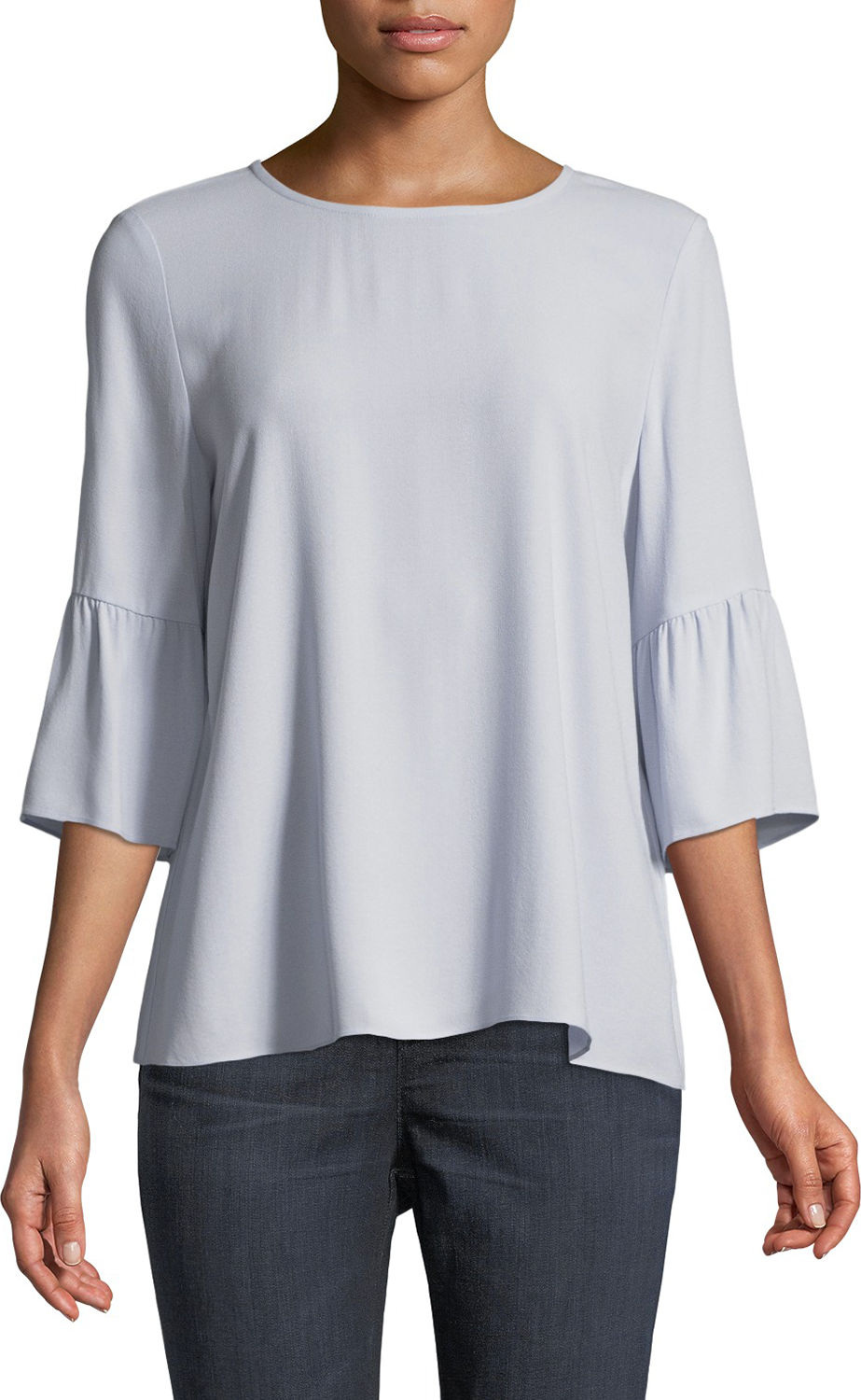 Eileen Fisher Round-Neck Flutter-Sleeve Silk Top