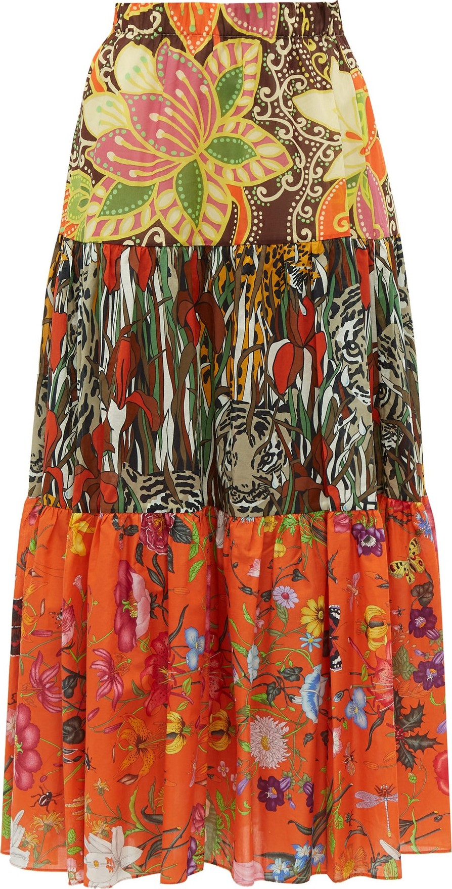 Gucci New India printed tiered cotton-poplin midi skirt