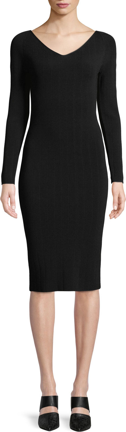 Vince Ribbed V-Neck Long-Sleeve Midi Dress