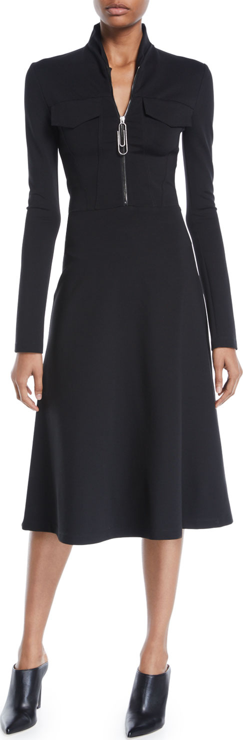 Off White Paperclip-Zip Long-Sleeve A-Line Midi Dress