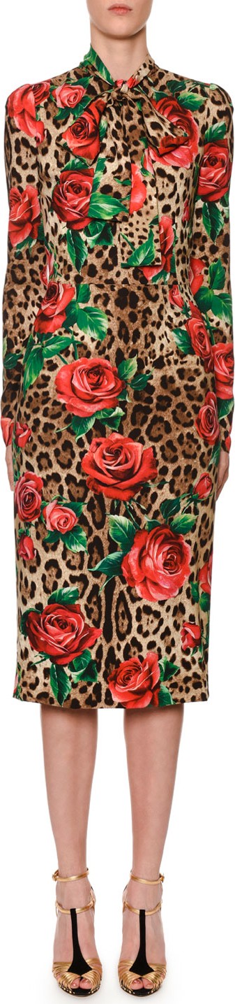 Dolce & Gabbana Long-Sleeve Scarf-Neck Rose & Leopard Print Charmeuse Dress Dolce & Gabbana Long-Sleeve Scarf-Neck Rose & Leopard Print Charmeuse Dress