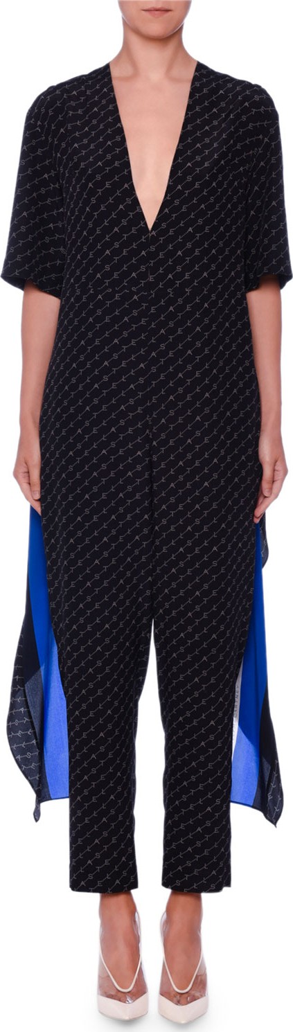 Stella McCartney Scarf-Back V-Neck Monogram-Print Silk Jumpsuit
