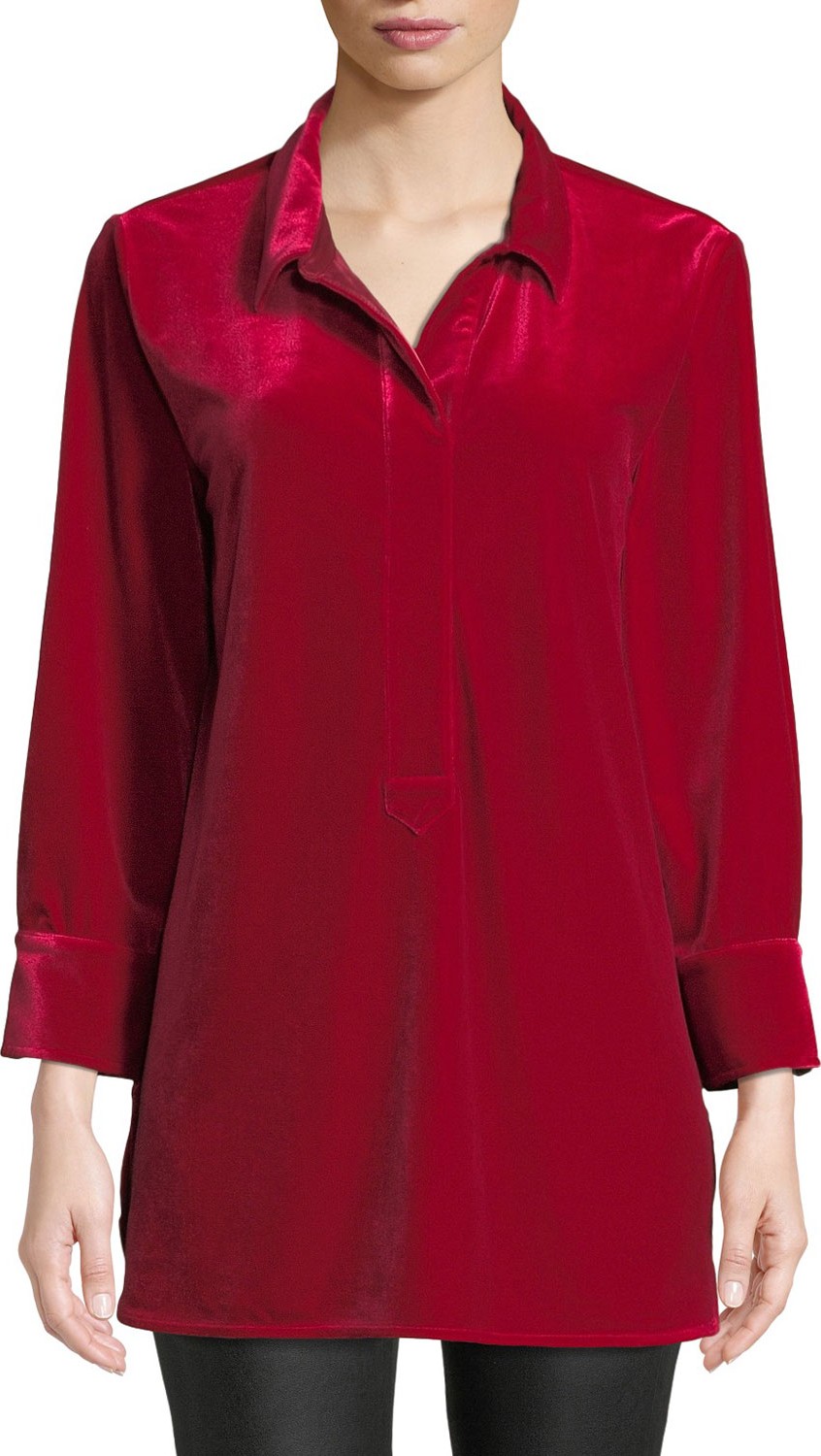 Joan Vass 3/4-Sleeve Side-Slit Relaxed Velvet Tunic Shirt