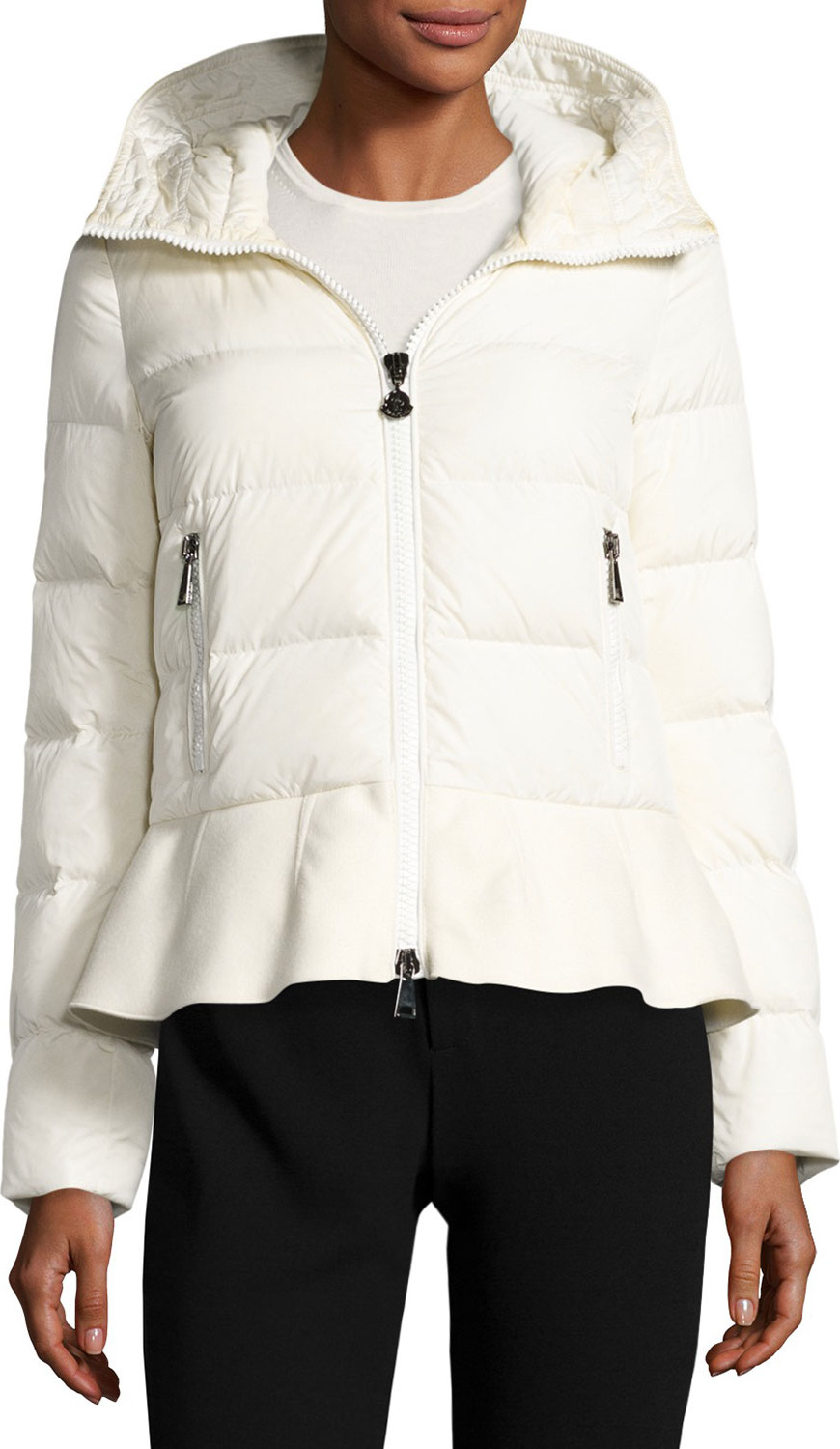 Moncler Nesea Quilted Puffer Coat w/Wool Trim