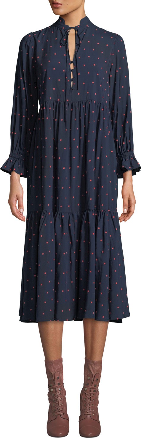 AG Jeans Celeste Dot-Print Tiered Long-Sleeve Midi Dress