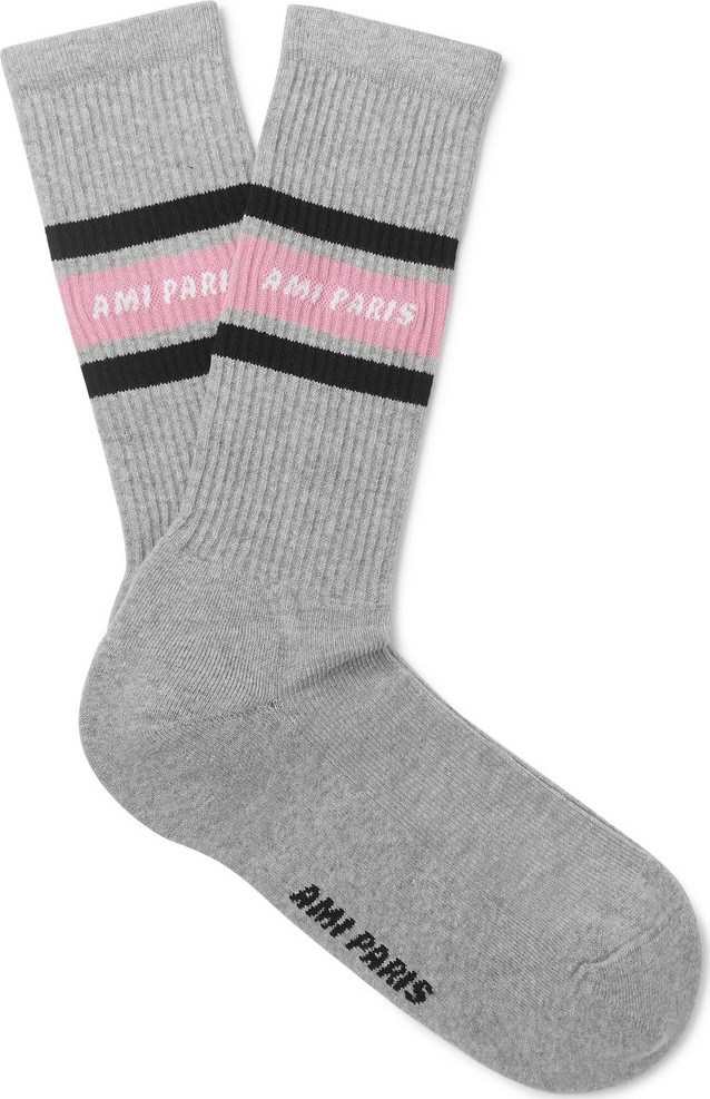 AMI Logo-Intarsia Striped Stretch Cotton-Blend Socks