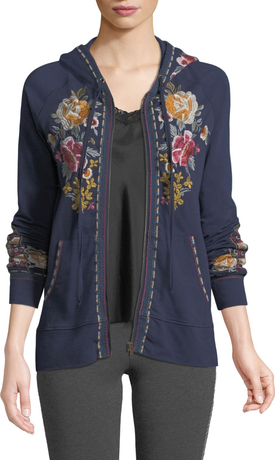 Johnny Was Cherelle Zip-Front Embroidered Hoodie