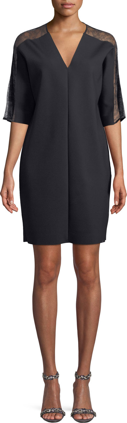 Escada Sport V-Neck Elbow-Sleeve Crepe Dress w/ Lace