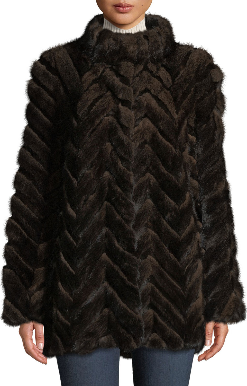 Belle Fare Swing-Cut Chevron Mink & Rabbit Fur Coat