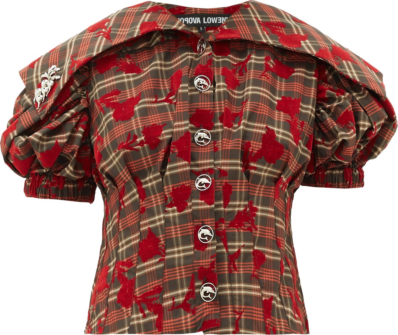 Chopova Lowena Checked floral-flocked puff-sleeve top