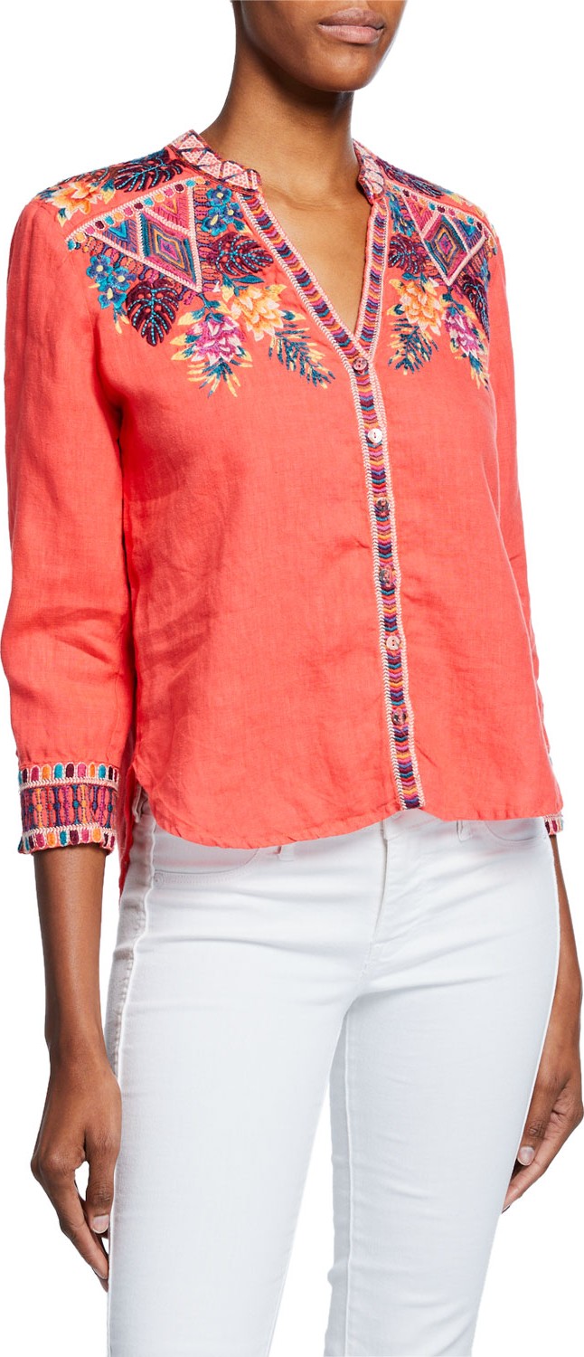 Johnny Was Quinn Embroidered Button-Front 3/4-Sleeve Linen Blouse