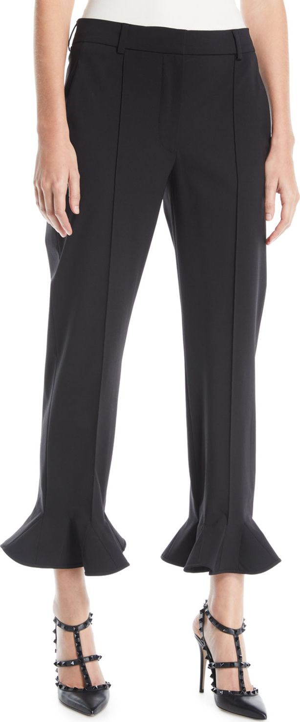 Valentino Ruffle-Hem Straight-Leg Stretch-Wool Ankle Pants