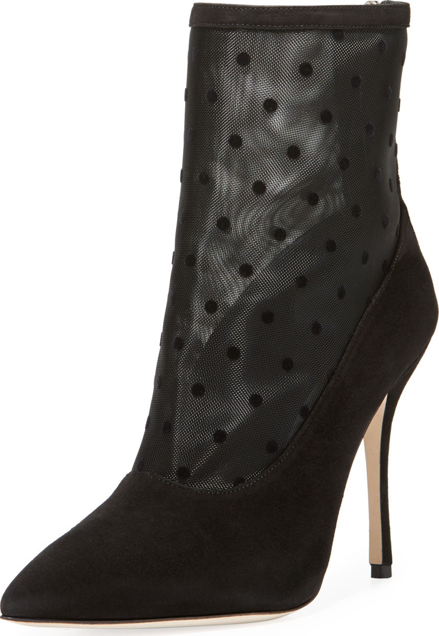 Manolo Blahnik Bricmin Polka-Dot Mesh Point-Toe Booties
