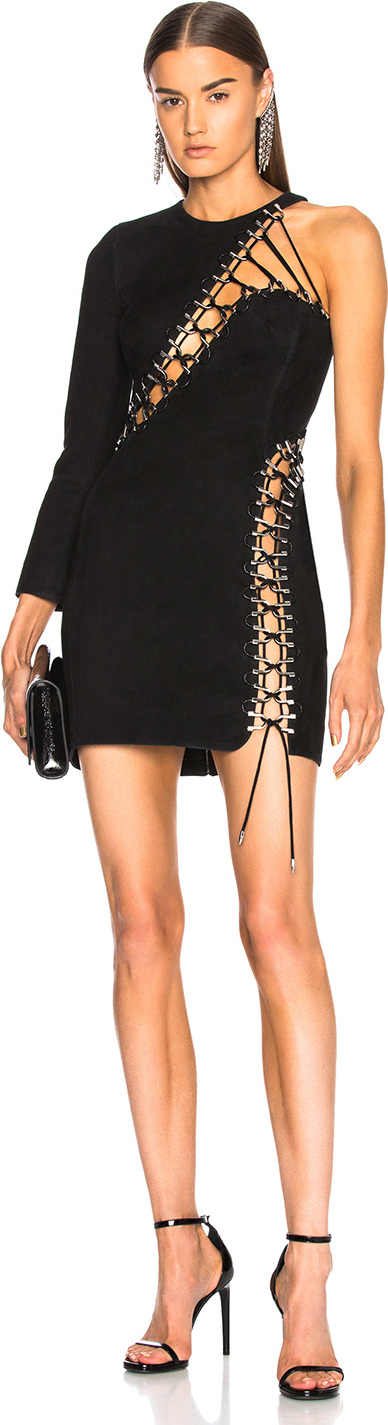 Mugler Suede Lace Up Detail One Shoulder Mini Dress