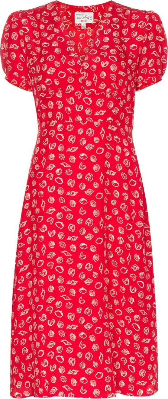 HVN Paula shell print midi silk dress