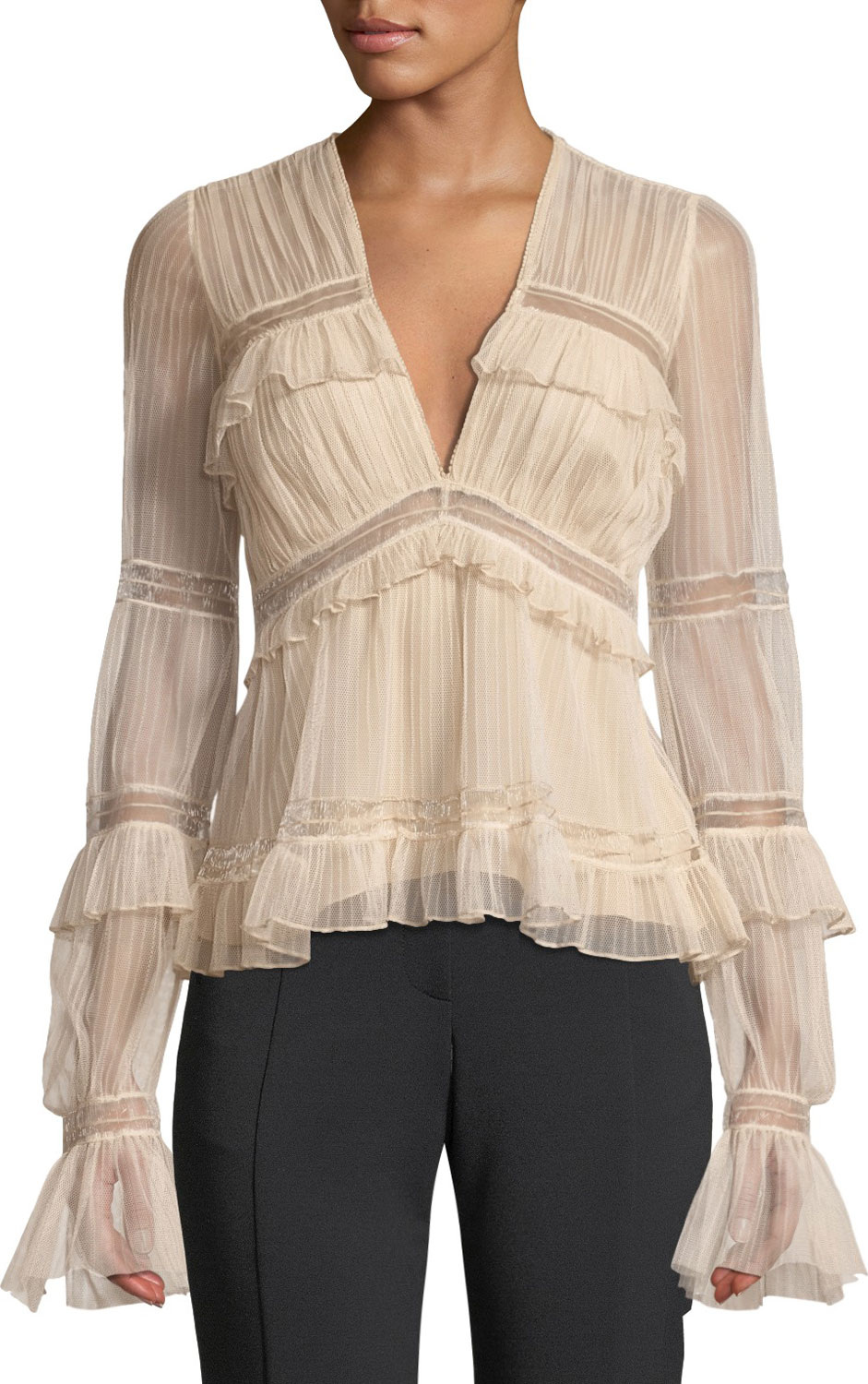 Jonathan Simkhai Plisse Tulle Plunging Long-Sleeve Ruffle Blouse Jonathan Simkhai Plisse Tulle Plunging Long-Sleeve Ruffle Blouse