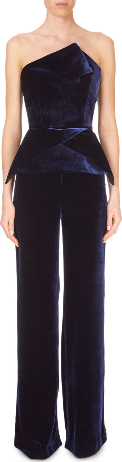 Roland Mouret Strapless Peplum Straight-Leg Velvet Jumpsuit