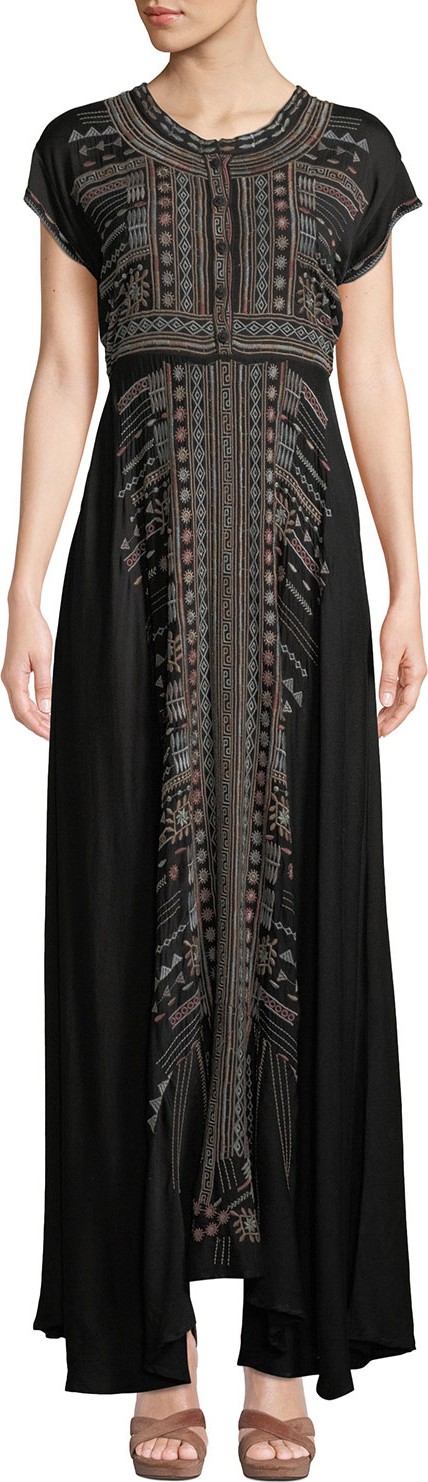 Johnny Was Effy Short-Sleeve Ikat-Embroidered Stretch Challis Maxi Dress
