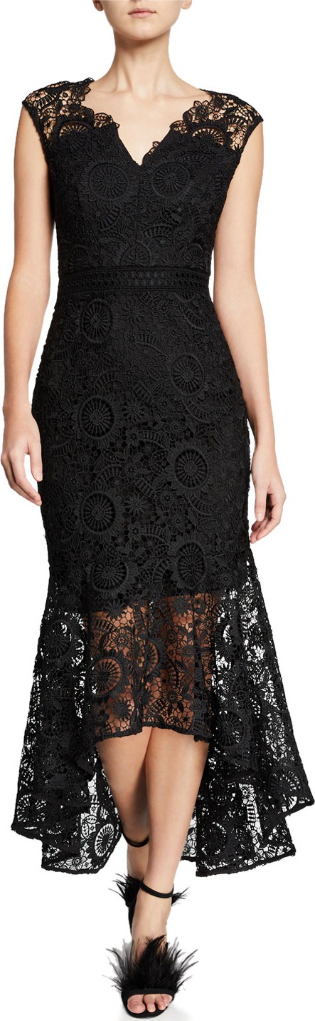 Shoshanna Regina Patterned Lace Cap-Sleeve High-Low Illusion Dress