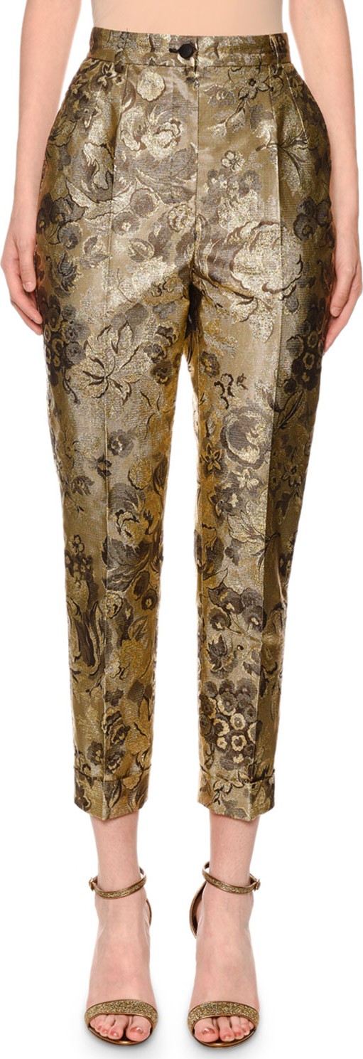 Dolce & Gabbana High-Waist Cropped Tapered-Leg Metallic Floral-Jacquard Pants