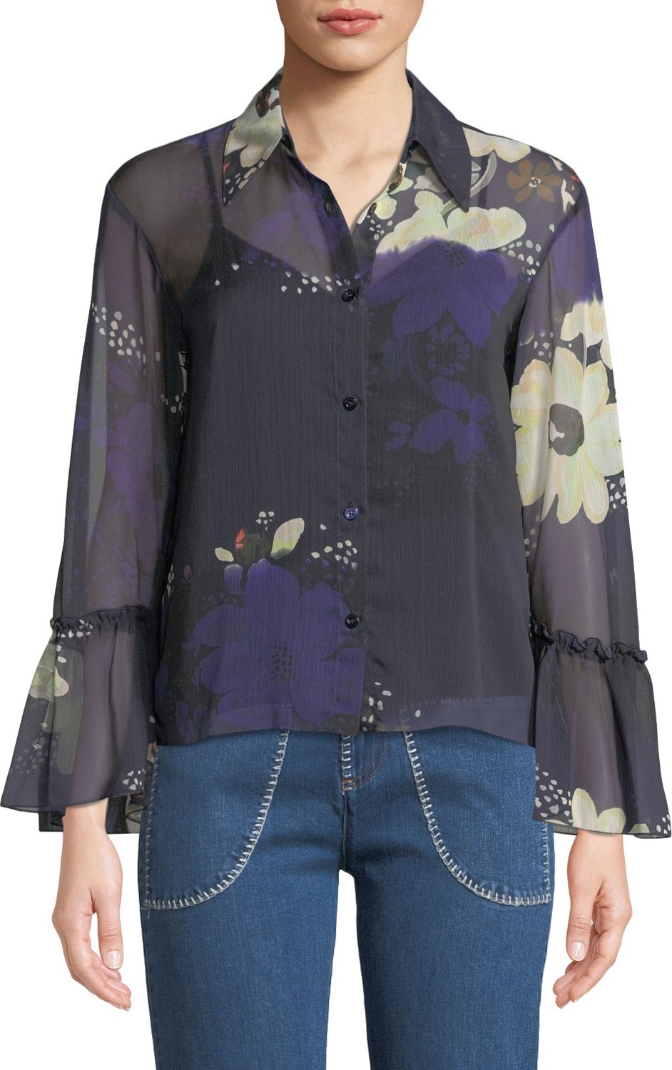 See By Chloé Floral-Print Chiffon Flutter-Sleeve Top