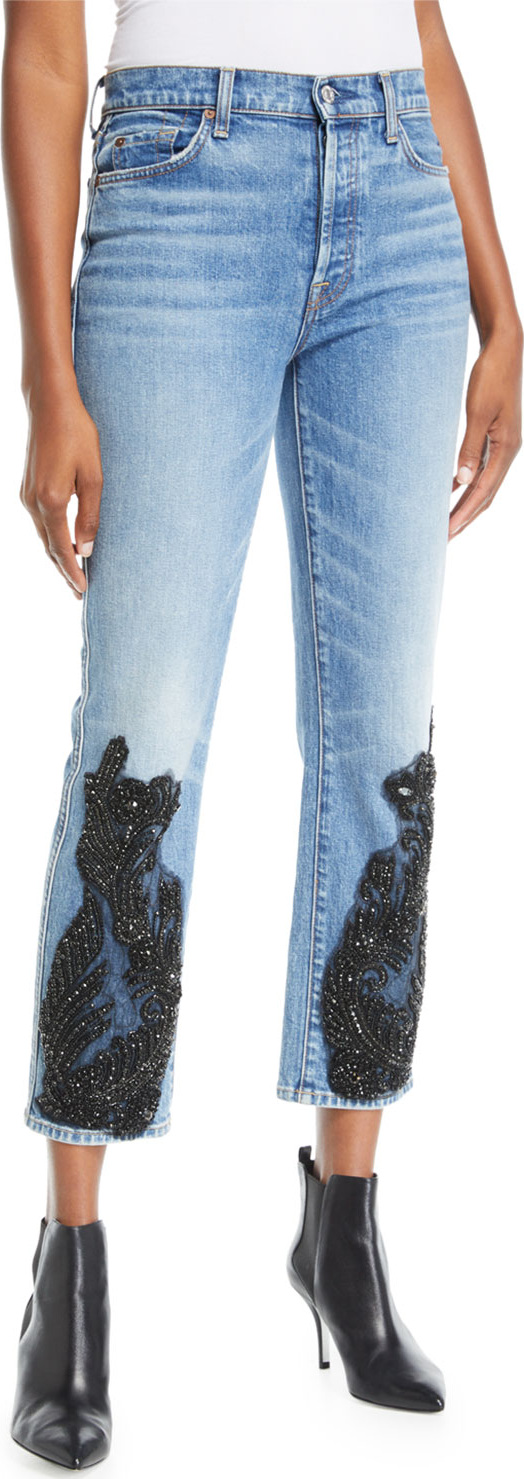 7 For All Mankind Edie Embellished Faded Straight-Leg Jeans