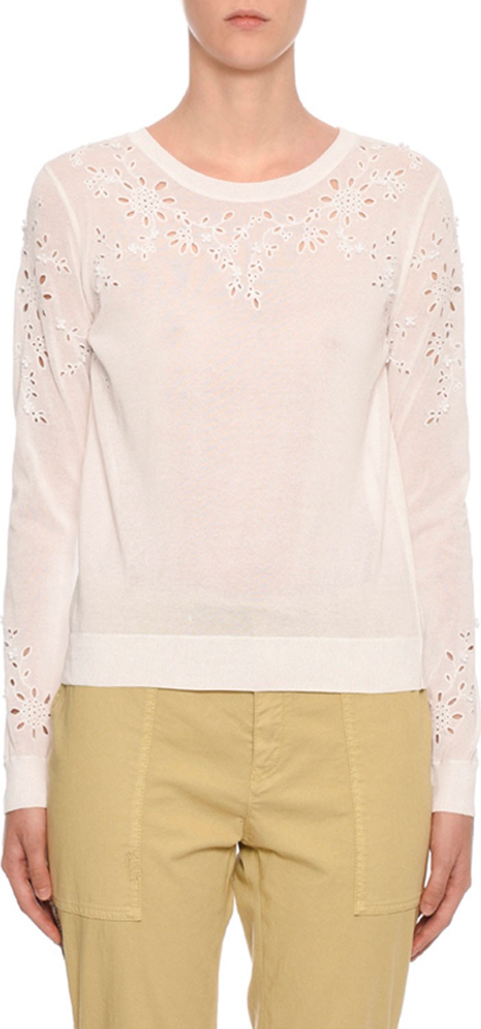 Ermanno Scervino Long-Sleeve Eyelet-Embroidered Thin-Knit Sweater