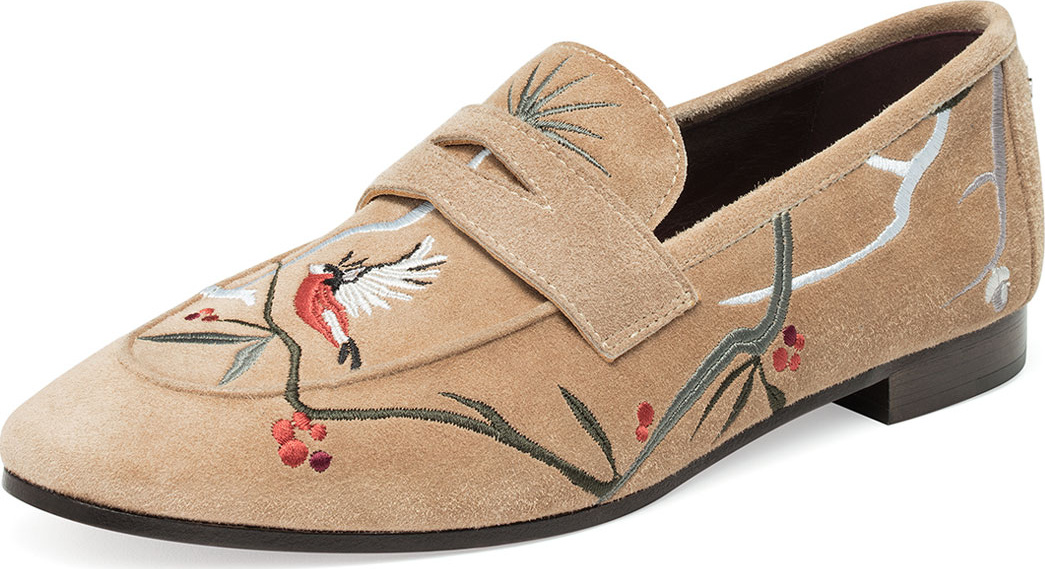 Bougeotte Embroidered Suede Penny Loafer, Wine