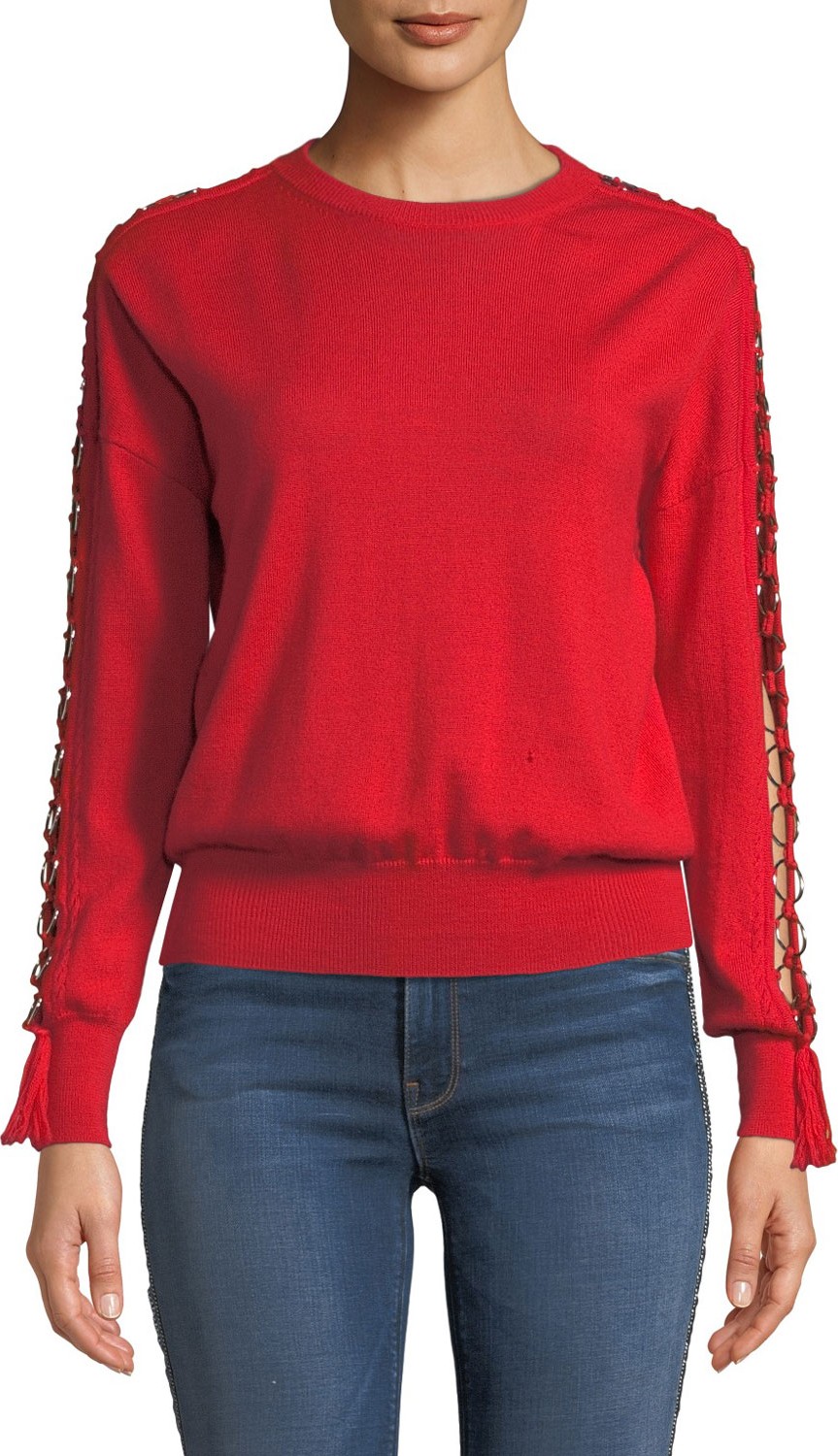 Jonathan Simkhai Wool Open-Sleeve O-Ring Tassel Sweater Jonathan Simkhai Wool Open-Sleeve O-Ring Tassel Sweater