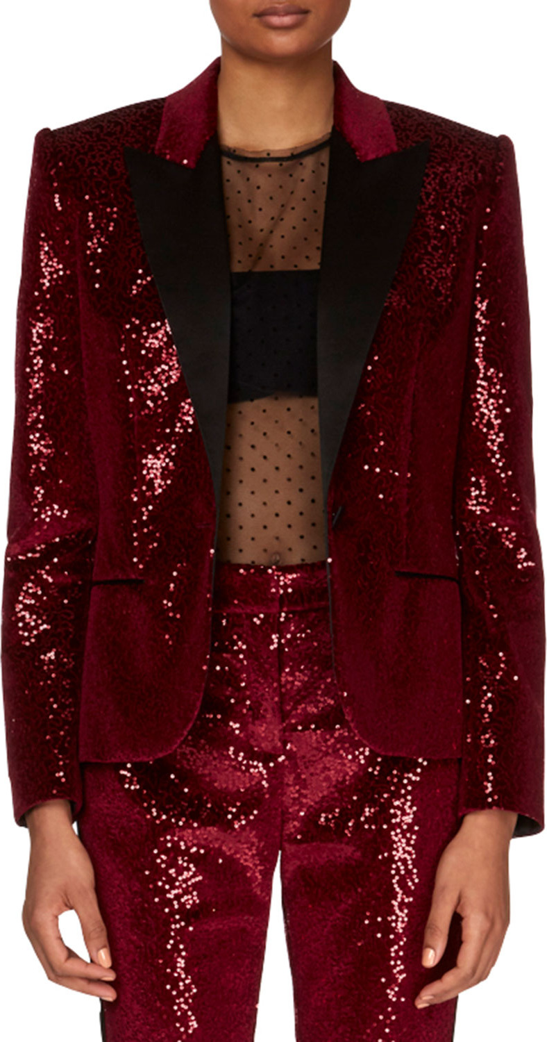 Redemption One-Button Peak-Lapel Velvet Paillette Blazer