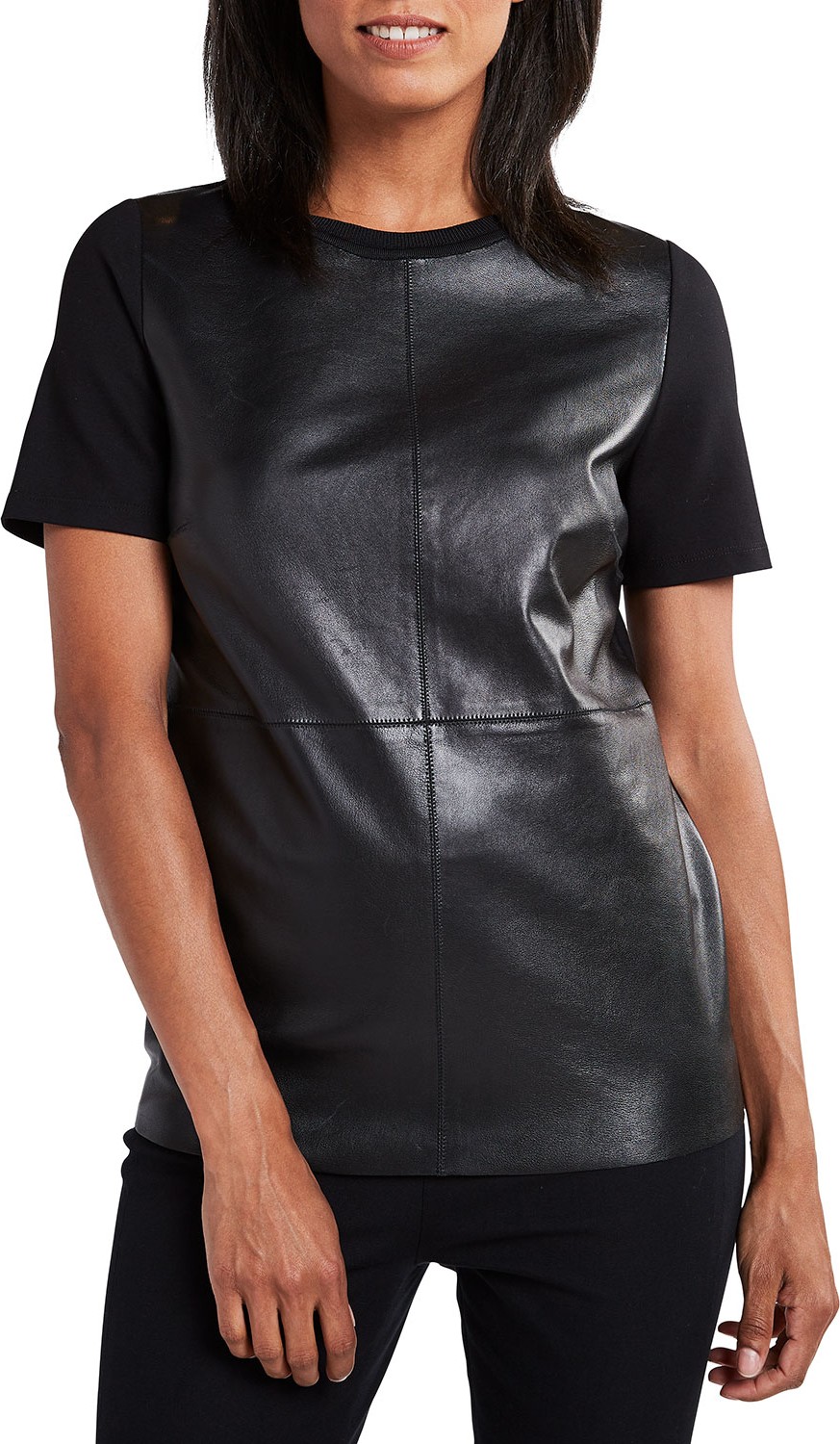 Elie Tahari Tiff Crewneck Short-Sleeve Blouse with Leather Bodice